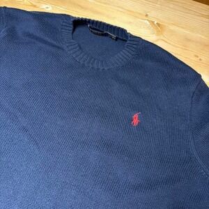Polo Ralph Lauren Sweater Mens L Navy Blue 100% Cotton Knit Pullover Crew Neck